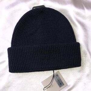 All Saints Deep Water Blue Ribbed & Cuffed Knit Beanie Embroidered Logo OS NWT